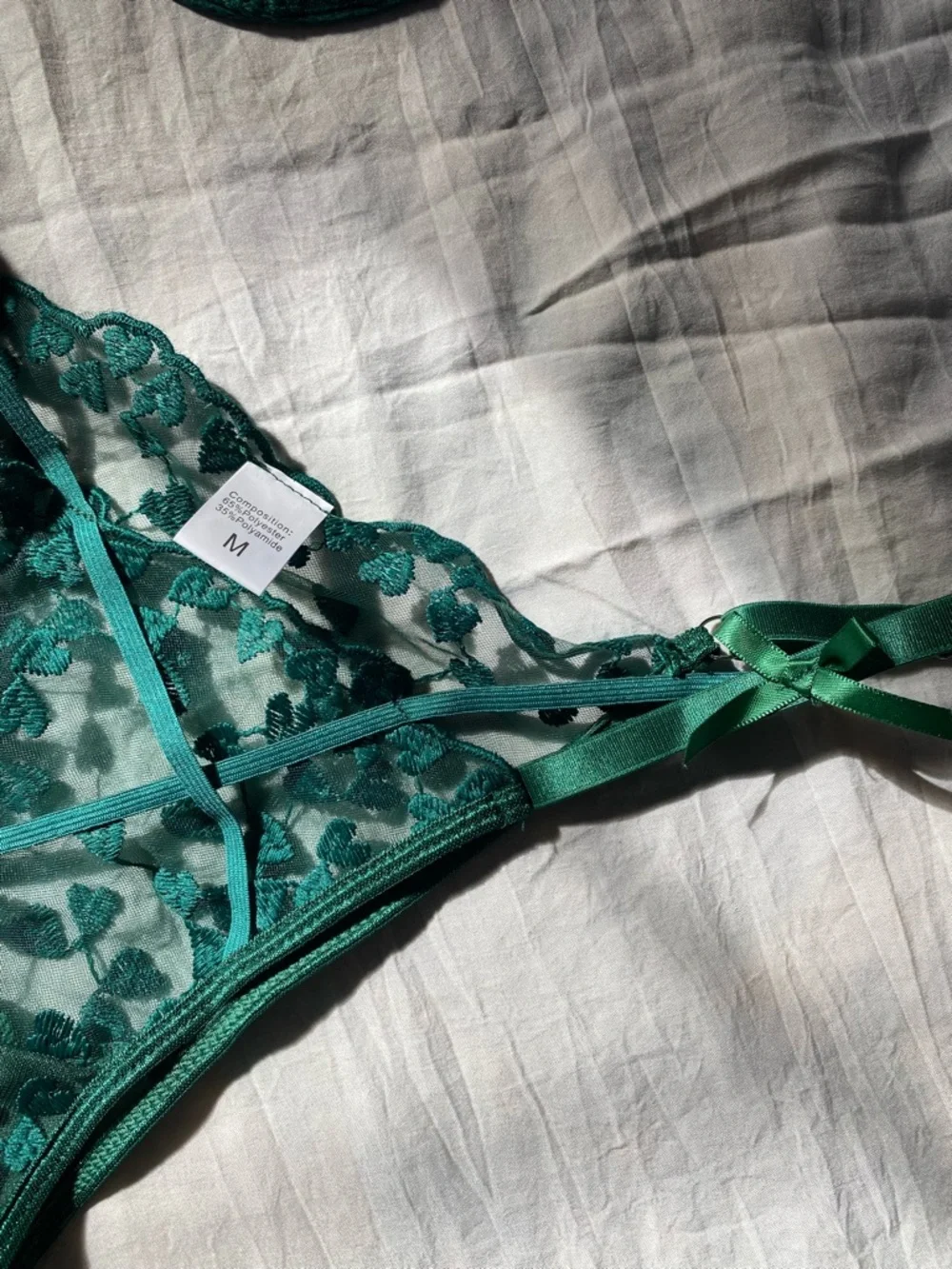 Sheer Floral Lace Bra & Thong Set in Emerald Green